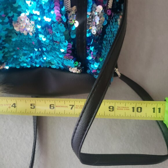 Justice Girls Mini Backpack Blue Purple Silver Color Change Sequin White Pom - Picture 4 of 13